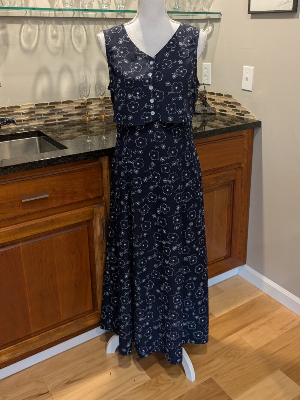 Kathie Lee Vintage Navy Blue Floral Maxi Dress | Size 10 - Navy Blue